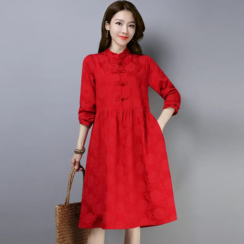 

Jacquard 2019 Autumn Button Retro Long Sleeve Loose Women's Dress Cotton Linen Pocket Red Stand Collar Dresses