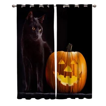 

Cat Pumpkin Black Halloween Printing Curtains Living Room Bedroom Home Decoration Suitable for Adult Children Window Curtain