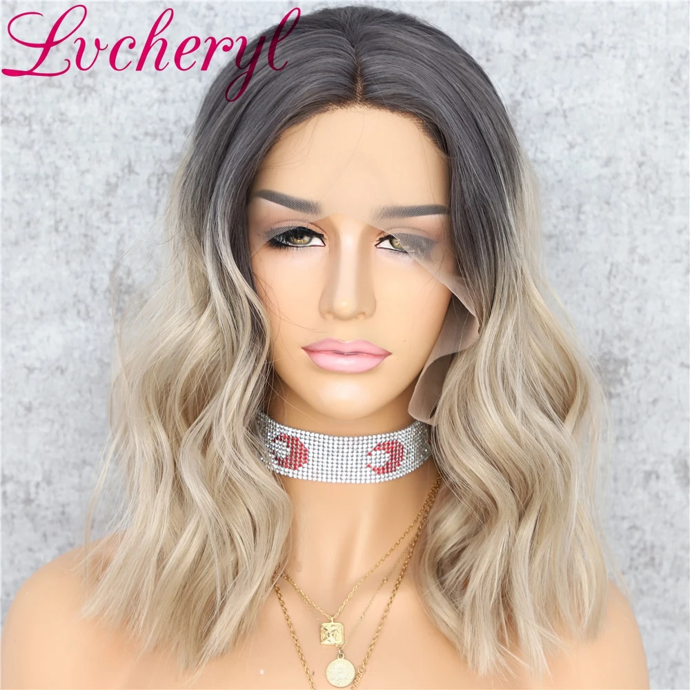 Lvcheryl короткие волнистые синтетические кружевные передние парики Peluca Ombre Ash блонд