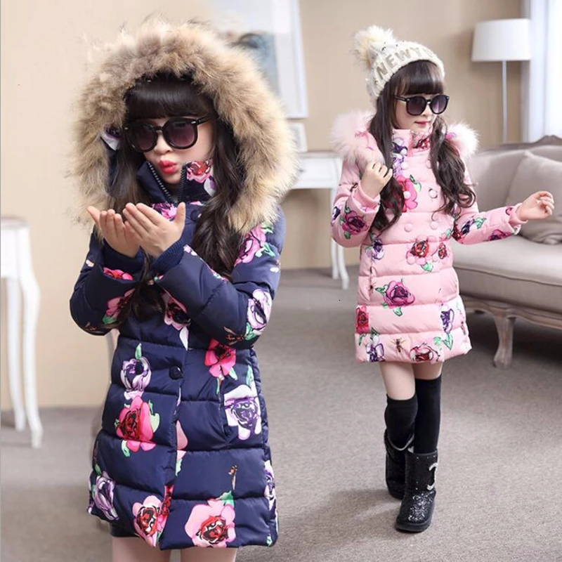 Длинная Куртка для девочек детское хлопковое пальто с капюшоном зимняя верхняя одежда с принтом для девочек, теплая утепленная одежда для детей