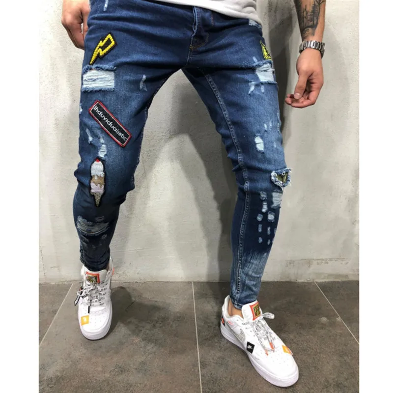navy blue Горячая новинка, мужские эластичные рваные обтягивающие байкерские джинсы с вышивкой и принтом, джинсы с прорезями и дырками, узкие джинсы, поцарапанные джинсы высокого качества - Цвет: navy blue
