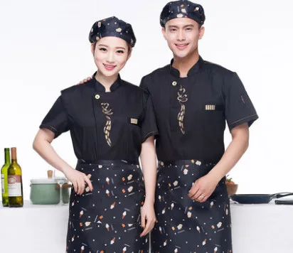Top apron hat Топы для работы шеф-повара, ресторанное обслуживание, кафе, гостиничный кухонный поварской китель, футболка с короткими рукавами, одежда с цветочной вышивкой, Униформа, фартук - Цвет: Top apron hat