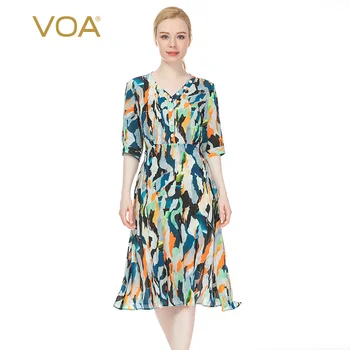 

VOA Silk Painted Printed Heart Collar Curling Half-Sleeve Shirt English Button Strap High Waist Midi Dress AX707