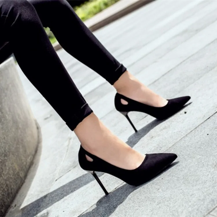

Europe And America Thin Heeled Pointed-Toe Suede Shallow Mouth Single Shoes Women's Hollow out Low Top High Heel Shoes Women's F