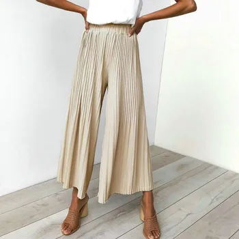 

Lady Pleated Loose High Waist Wide Leg Pants Female Spring Summer Casual Elastic Waist Ankle-length Trousers Beach Women's Pants