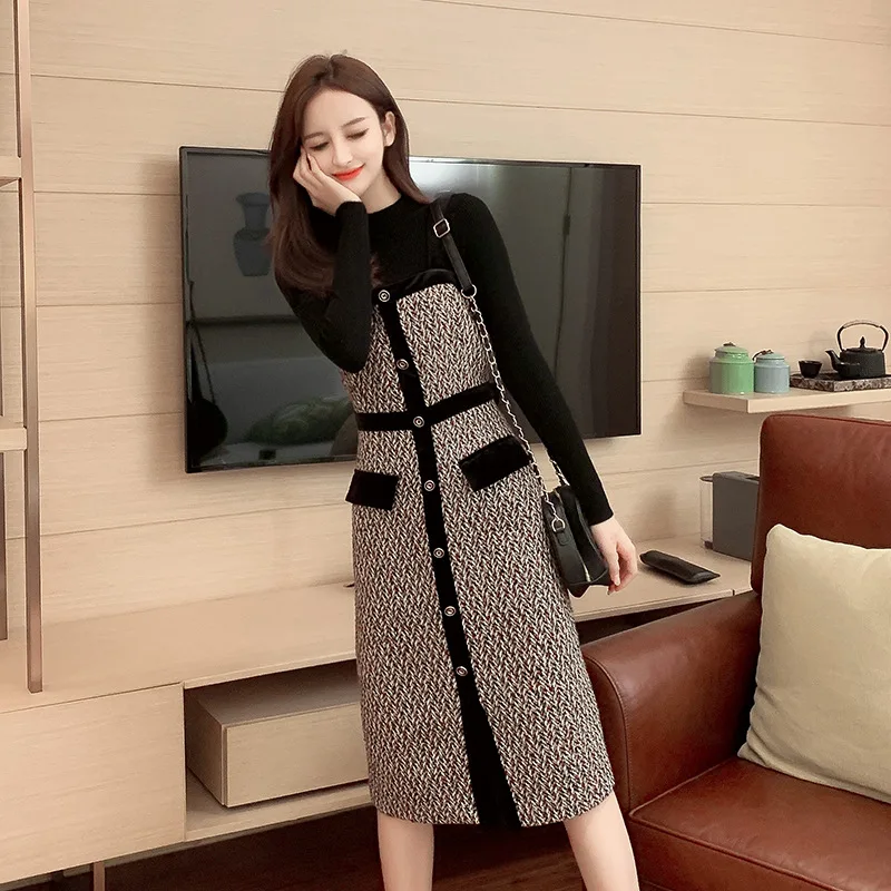 

Elegant Woolen Jersey Dress Early Autumn Clothing Europe And America Slimming Sweater Braces Skirt Two-Piece Set Women's