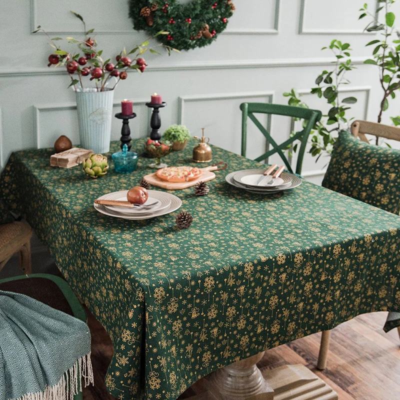  Green Gold Christmas Tree Table Cloth Cover Cotton Linen American Style Tablecloth for Festival Hom
