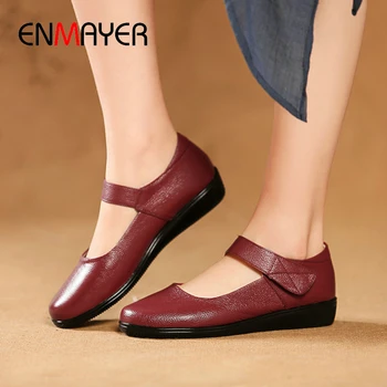 

ENMAYER 2020 Casual Round Toe Genuine Leather Luxury Shoes Women Basic Spring/Autumn Genuine Leather Pumps Women Shoes 34-43