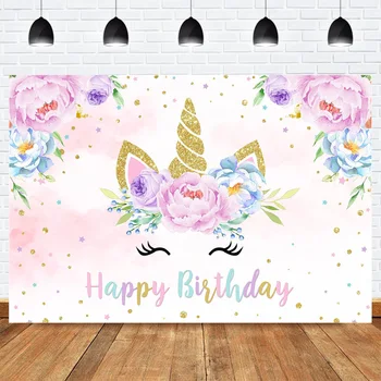 

Floral Unicorn Birthday Party Photography Backdrop Newborn Baby Shower Photo Background Golden Dots Star Kids Portrait Photocall