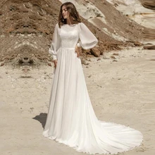 

Bohemian A Line Long Sleeve Wedding Dresses 2021 Chiffon High Neck Lace Applique For Women Sweep Train Robe De Soirée De Mariage