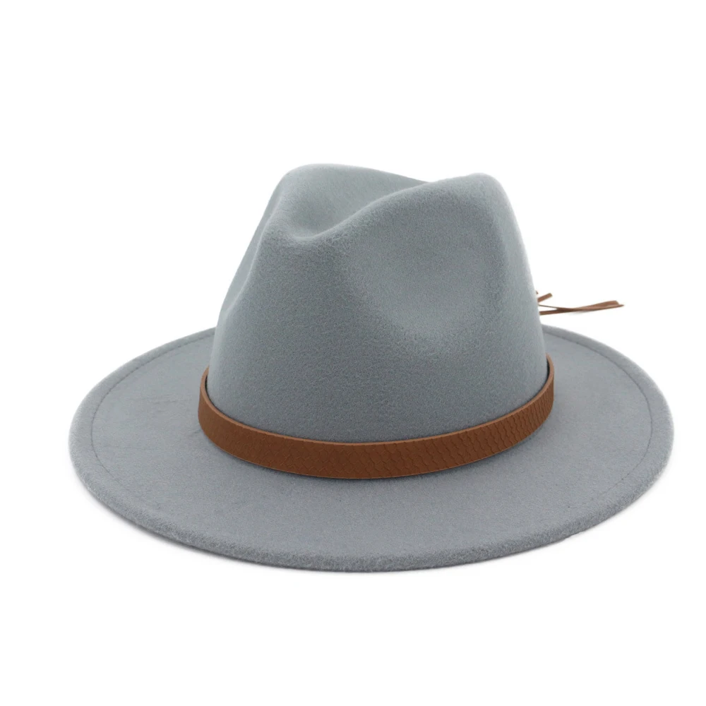Light Gray Новая мужская женская шерстяная шляпа Fedora с поясом с широкими полями чародейная шляпа Панама джазовая, шляпа шляпка для церкви размер 56-58 см - Цвет: Light Gray
