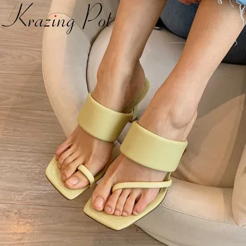 

Krazing pot new online star sheep leather square toe high heels women flip-flops mules high street wear summer fashion pumps L80
