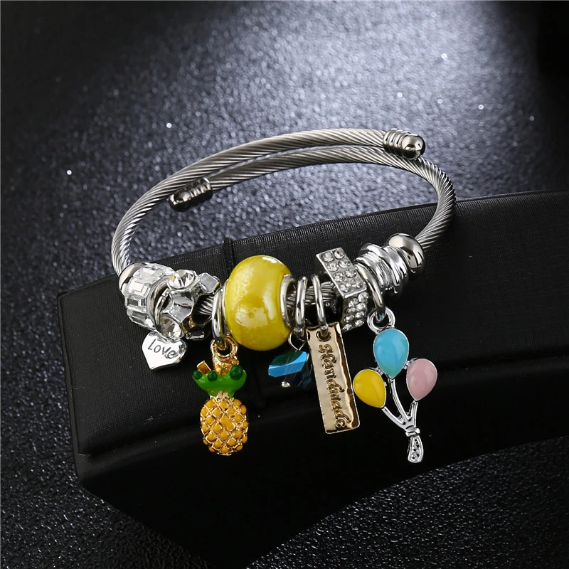 Chic Enamel Pineapple Stainless Steel Bangle Bracelet Women Accessories Fashion Jewelry Love Letter Cuff Bracelets Bijoux Femme