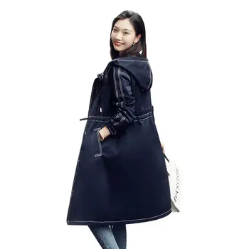 

Autumn Casual Windbreaker Female Long Hooded Trench Coat 2019 New Student College Wind Navy Blue Fashion Outwear Khaki Top f1714