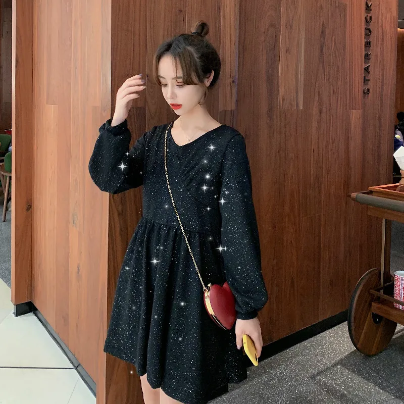

2020 Spring Women Clothing Korean Fashion Temperament Black Glitter Feminine Little Fragrance Base Dress