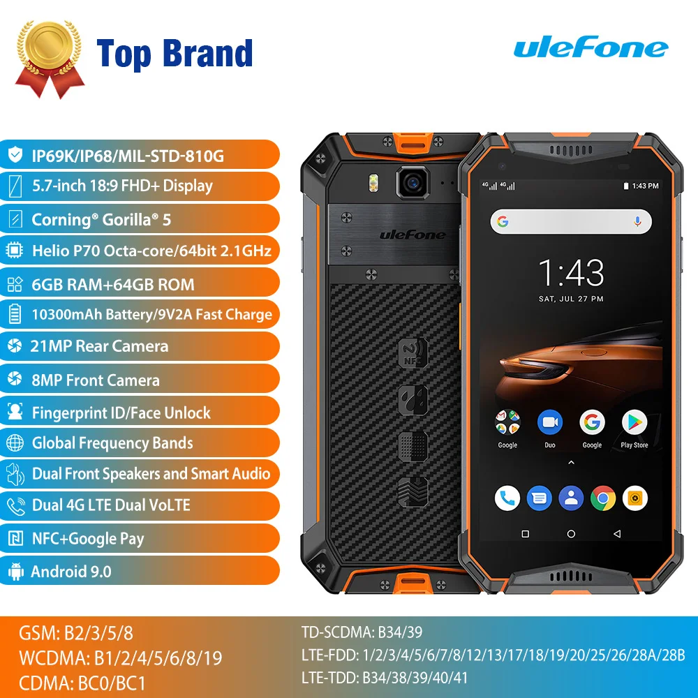 Ulefone armor 3W NFC 10300mAh IP68 shockproof Mobile Phone Android 9.0 Helio P70 6G+64G Face ID 4G LTE Rugged Smartphone