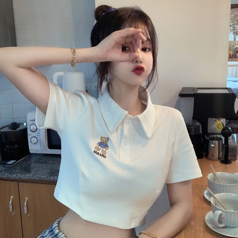 

Female Korean Harajuku Embroidered Bear Cartoon Tshirt Women's T-shirts Tops Japanese Kawaii Ladies Ulzzang Clothes For Women