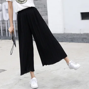 

Spring and summer pleated wide leg pants women's high waist show thin casual pants large size hemp black nine point pants
