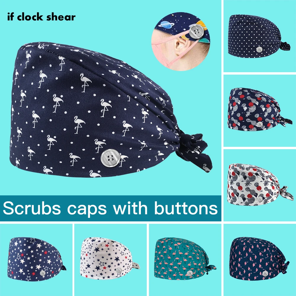 

Health service Adjustable hats cartoon printing pet grooming Work Caps Scrubs Caps with buttons Tieback beauty salon Work Hats