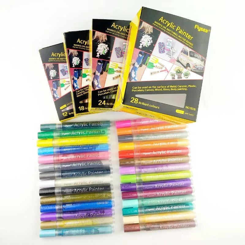 

12/18/24/28 Colour Acrylic Paint Pens Set Brush Tip Permanent Painting Markers Pen For Wood Stone Rock Painting Fabric Glass