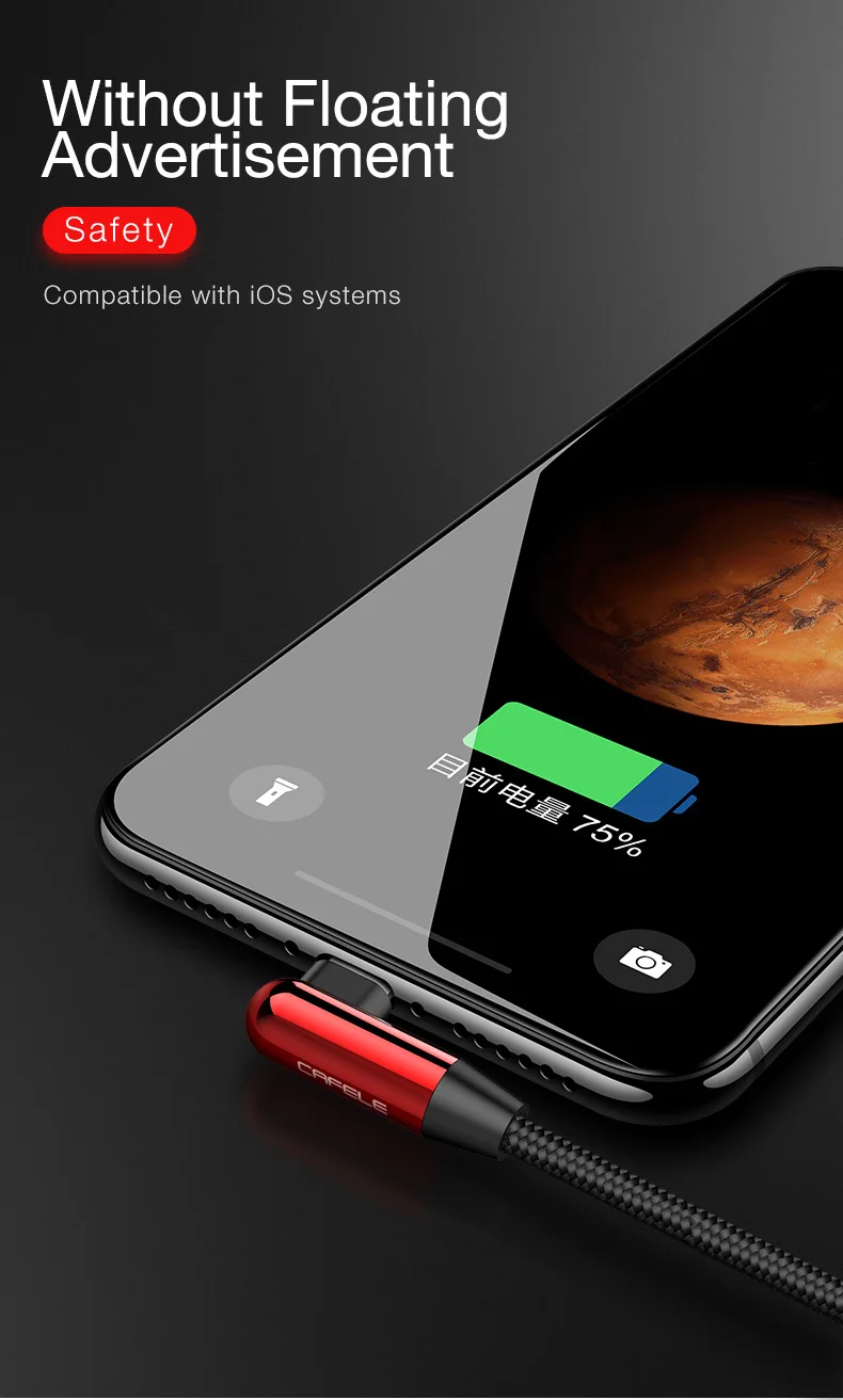 Светодиодный usb-кабель Cafele 90 градусов для IPhone 11 Pro X Xr Xs Max 8 7 6s Plus, игровой usb-кабель для зарядного устройства для IPhone