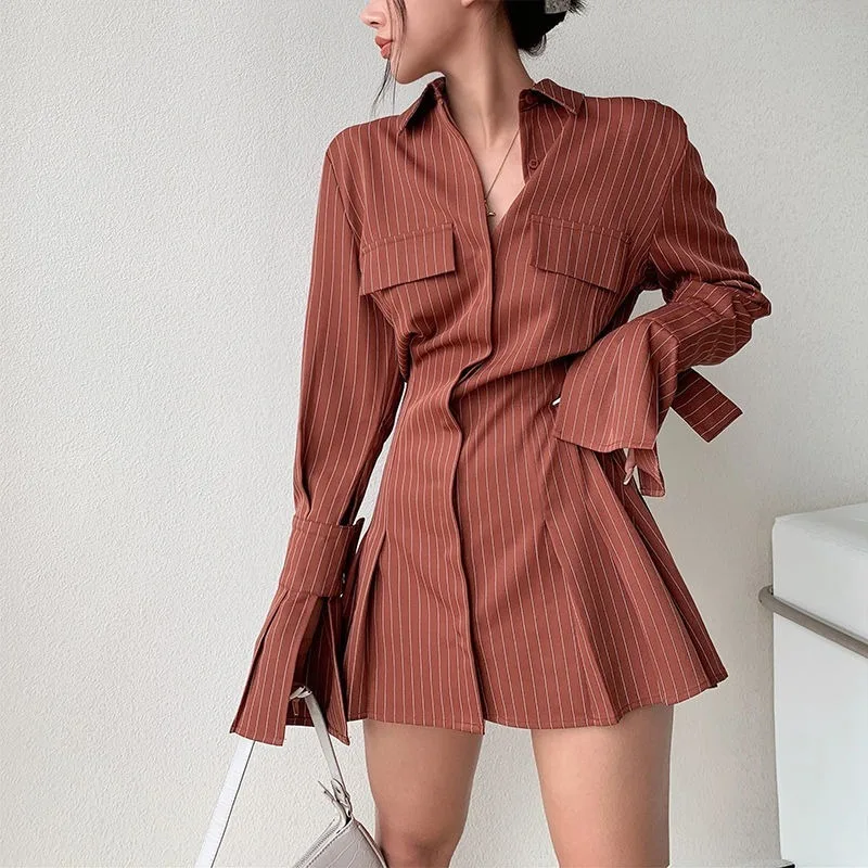 2021 Spring Long Sleeve White Pleated Shirts Women Casual Turn Down Collar Chiffon Blouse Office Lady A Line Style Vestidos Tops 5