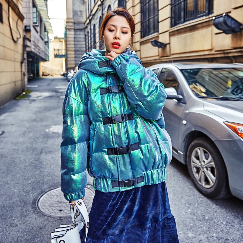 

Laser Green Winter Jacket Woman Coat Thick Warm Hooded Cotton Outwear Glossy Parka Female Plus Size Casual Snow Wear parka