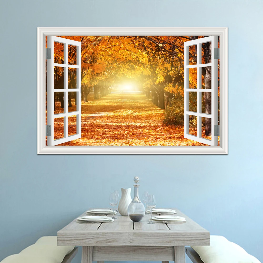 one piece 3D Window Sticker Landscape Wall Golden Maple Leaf Forest View Vinyl Wallpaper Home Decor Accessories for Living Room |