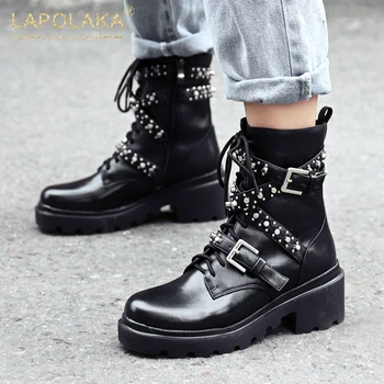 

Lapolaka New Fashion Genuine Cow Leather Ankle Boots Rivet Pearl Chunky Heels Comfy On Sale INS Shoes Ladies Boots Woman