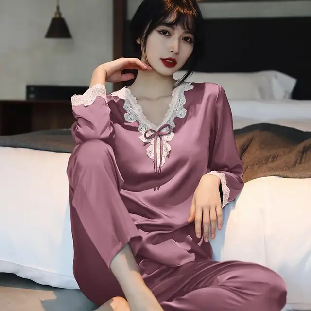 Lace Pj's 2PCS Sleepwear Women Satin Pajamas Suit Summer Pyjamas Casual Intimate Lingerie Long Sleeve Shirt&Pants Lounge Wear Dark Pink C