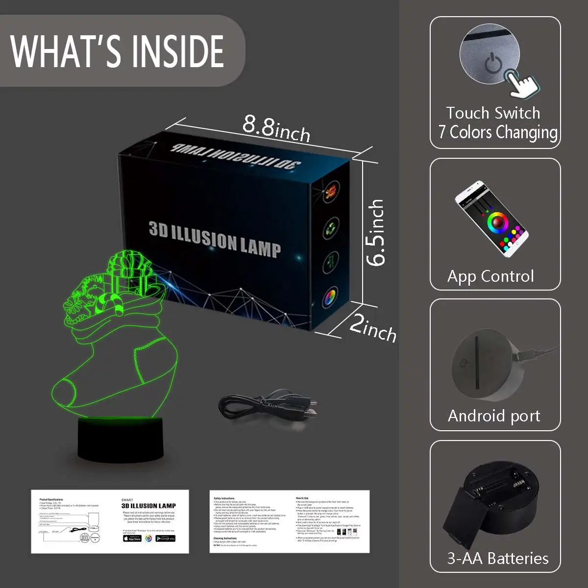 NiteApps 3D Рождество Socking ночник настольная Иллюзия украшение лампа подарок на день рождения приложение/сенсорный контроль