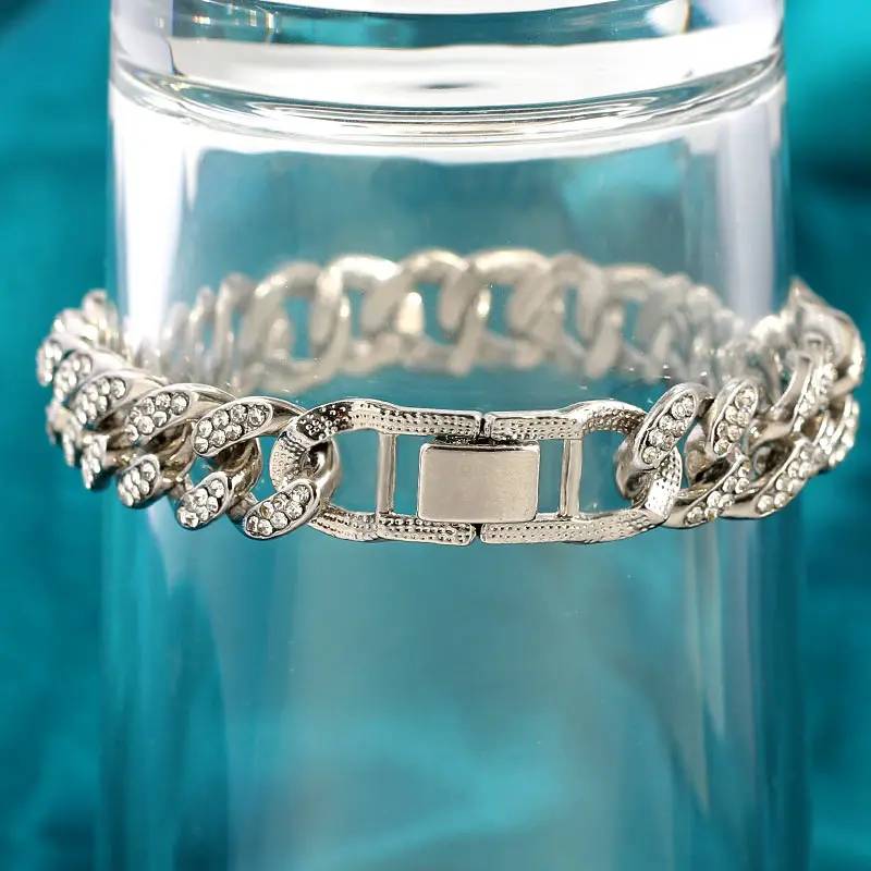 New Fashion Luxury 12mm Iced Out Cuban Link Chain Bracelet for Women Men Gold Silver Color Bling Rhinestone Bracelet Jewelry