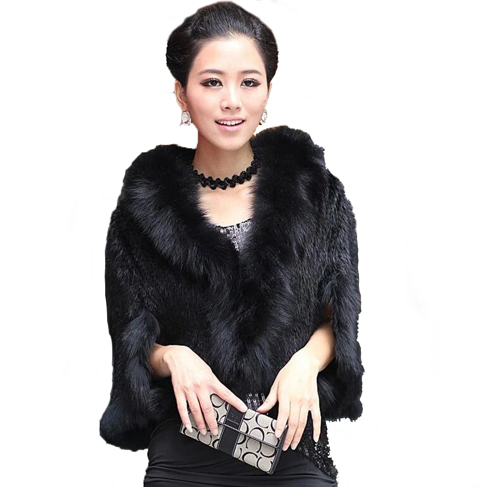100% Real Natural Knitted Mink Fur With Fox Collar Cape Stole Shawl Scarves Coat 