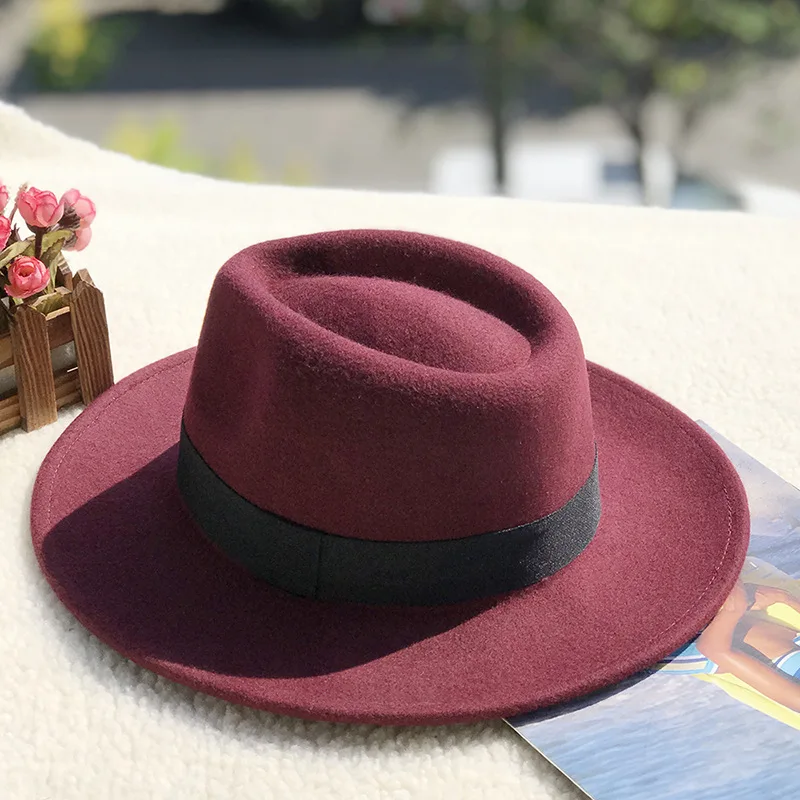 wine red 01912-fcm-325 сплошной британский стиль Шерсть Шляпа Fedora Мужская и женская панама джазовая, шляпа - Цвет: wine red