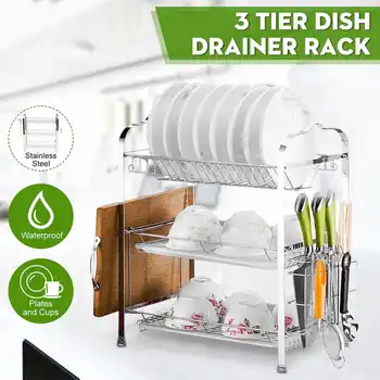 

3 Tiers Dish Drying Rack Kitchen Washing Holder Basket Plated Iron Kitchen Knife Sink Dish Drainer Drying Rack Organizer