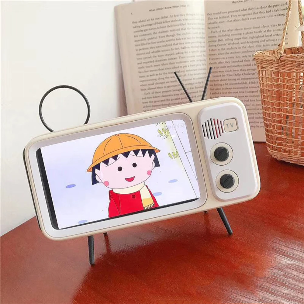 phone stand for bike Universal Holder Retro Desktop Stand Base MINI TV Style Bracket With 1500mAh Battery Bluetooth Speaker For 4.7-6.2 Inch Phone wooden phone holder