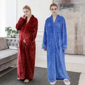 

Novelty Zipper Women Sleepwear Robe Gown Casual Flannel Warm Full Bathrobe Gown Elegant Solid Nightgown Pajamas Soft Homewear