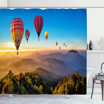 

Shower Curtain Set with Hooks 72x78 Sunbeam Hot Air Thailand Balloons Ascend Mountain Flying Flight Over Nature Design Sky