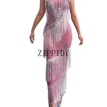 Модное розовое платье с бахромой, стразы, без рукавов, вечернее платье для выпускного, дня рождения, празднования, платье для танцев, вечернее платье для бара, женское платье с кисточками