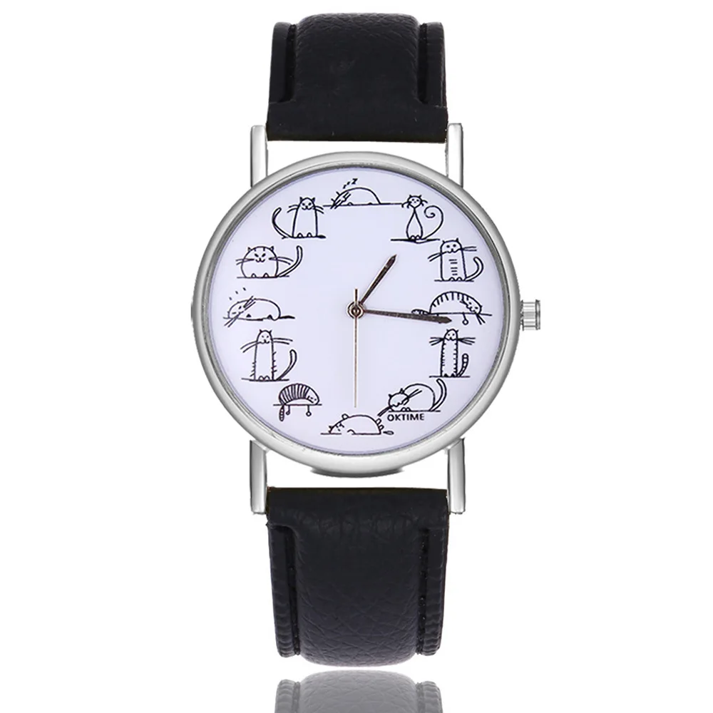 

Women's Embossed Leather Belt Quartz Watch Pencil Drawing Cat Pattern Students Cute Casual White Card WOMEN'S Watch Wholesale