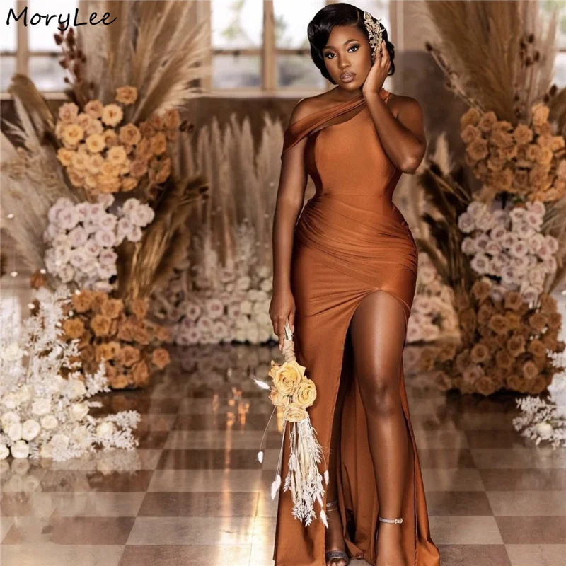 

Sexy Bridesmaid Dresses One Shoulder Floor Length Side Slit Silk Satin Mermaid Wedding Party Bridesmaid Gowns With Zipper Back
