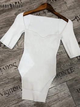 

Free shipping Sexy hollow square collar tight stretch knit T-shirt ladies spring and summer new hem irregular temperament