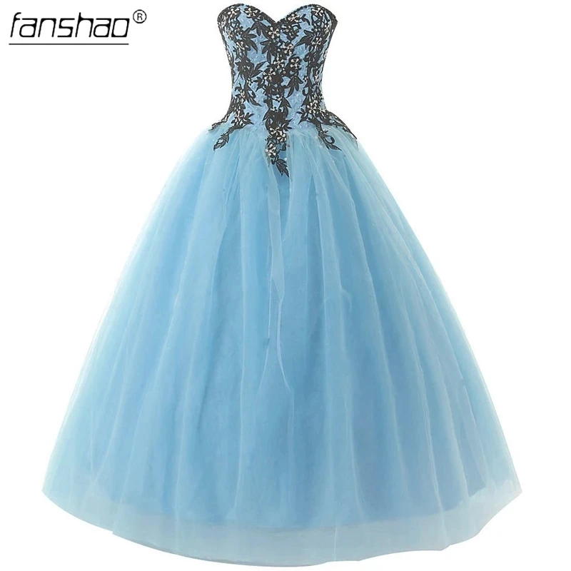 Fanshao Blue Quinceanera Dresses Strapless Sleeveless Black Appliques Beading Sequin For 15 Girls Ball Party Gowns | Свадьбы и