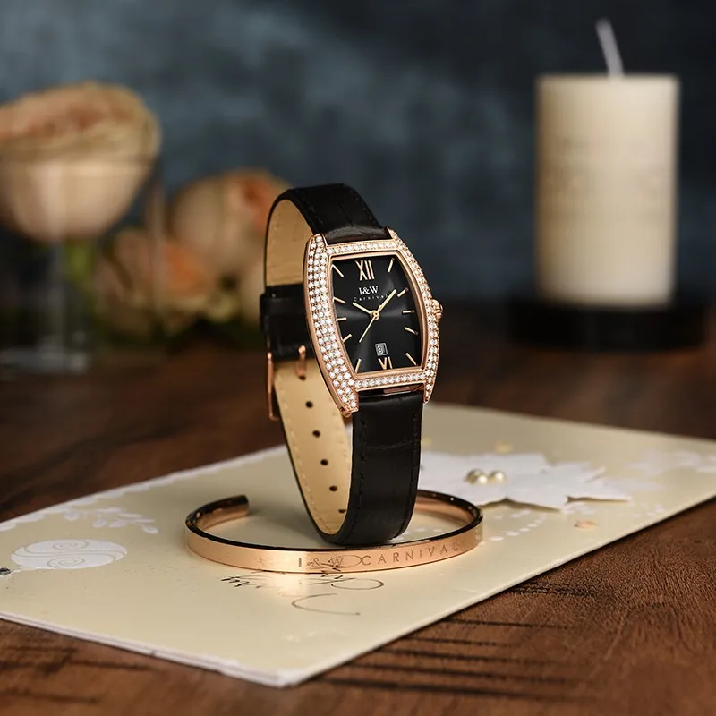 Switzerland Diamond Watch Women Luxury Brand I&W New Tonneau Quartz Watch for Women Sapphire Calendar Waterproof Reloj Mujer