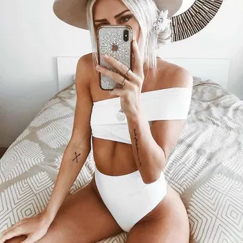 

Sexy Bikinis Swimsuit Women's 2019 Tube Top High Waist Bikini Set Separate Female Swimwear White Bathing Suit Swimming Suit Swim