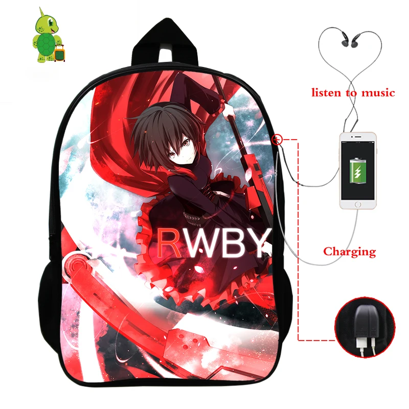 1 Аниме RWBY Ruby рюкзак USB зарядка Рюкзак для ноутбука школьные сумки для подростков мальчиков девочек дорожные сумки через плечо для мужчин и женщин рюкзак - Цвет: 1