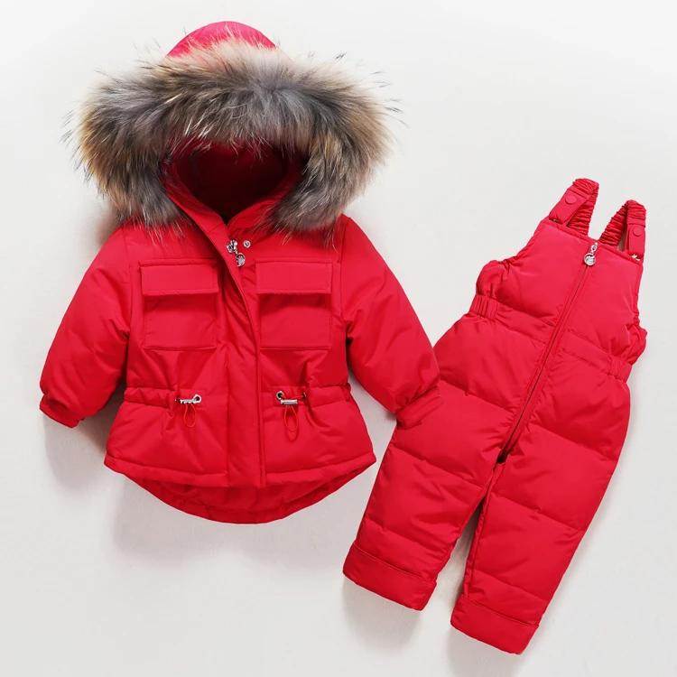 Зимний комплект одежды для детей, одежда для маленьких мальчиков и девочек, теплый пуховик, пальто, зимний комбинезон, детская парка, комбинезон с натуральным мехом, пальто - Цвет: red