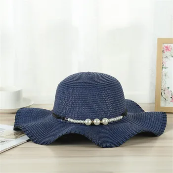 

2019 elegant Women Women Big Wide Brim Straw Hat Pearl Decoration Beach Sun Foldable Cap m808