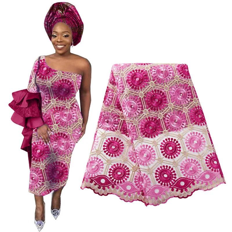 

High Quality African Beaded Lace Fabric French Voile Lace Embroidery Flower Nigerian Lace Fabric 2019 Aso Oke Gele Headtie Scarf