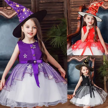 

Toddler Kids Girls Floral Dress Star Pattern Princess Halloween Party Tulle Dress+Hat Little Girl Ceremony Party Clothing Dress